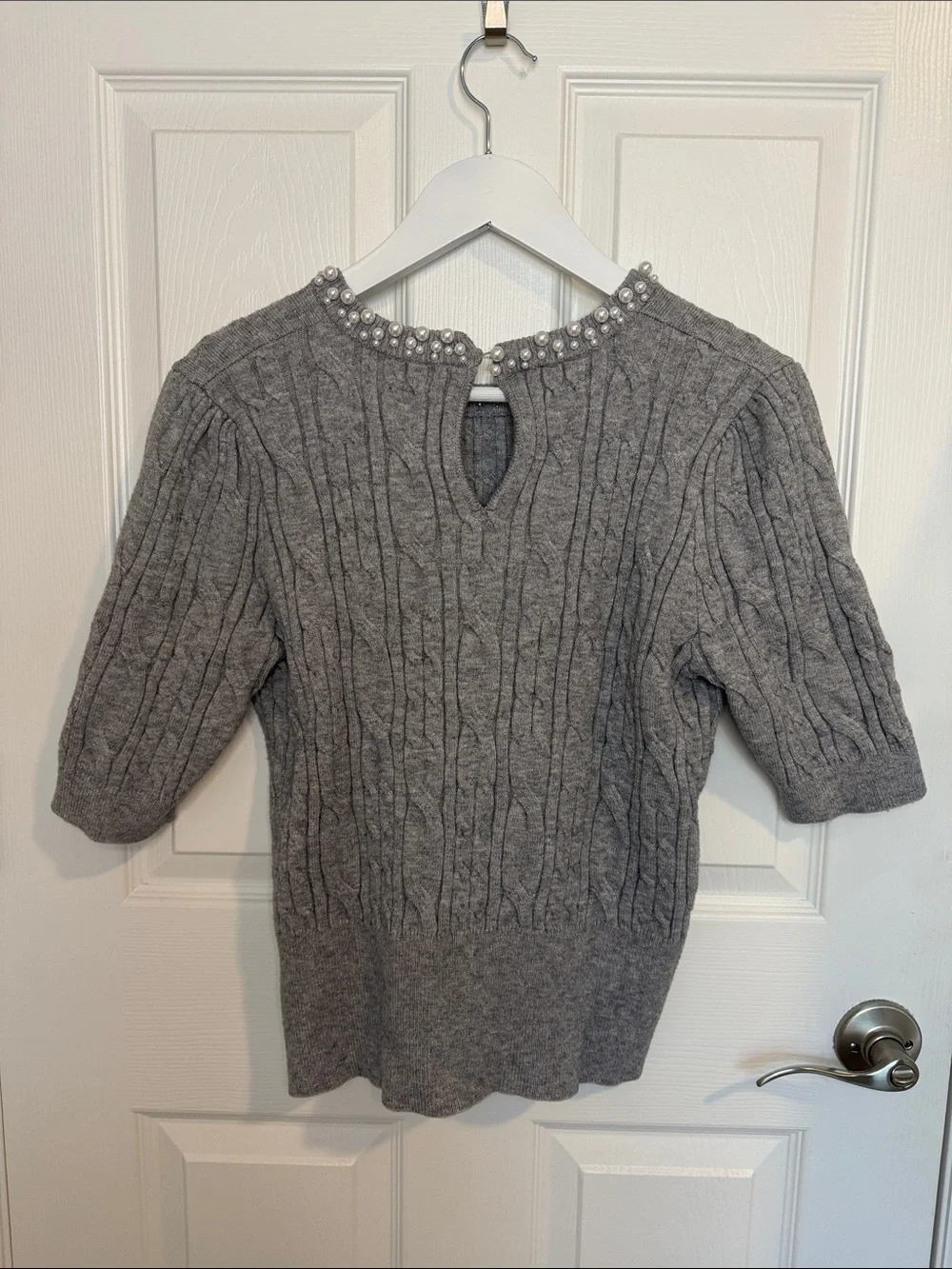 Adrianna Papell Gray Pearl-Embellished Cable Knit Sweater size L